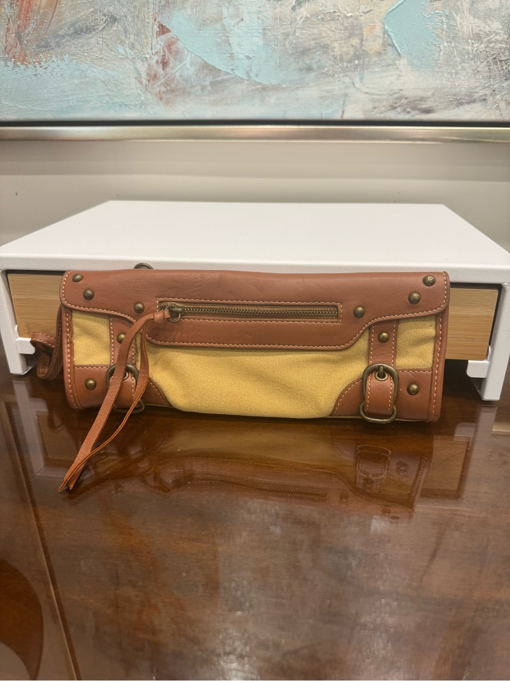 Arden B Mustard Canvas and Brown Leather Clutch